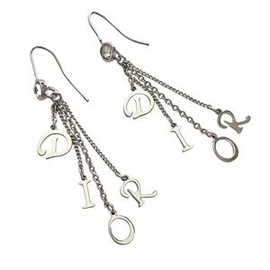 AUTH VTG Christian Dior Silver Dangle Chain Letter Logo Charm Hook Long Earrings